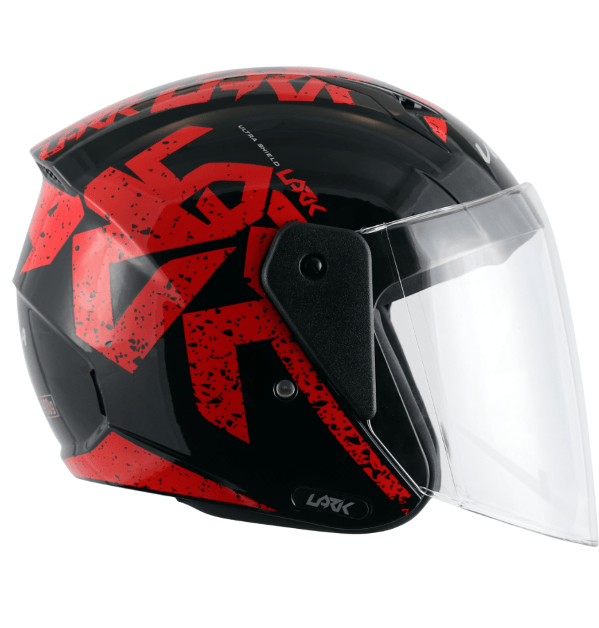 scooter/motorcycle open face helmet black with red text graphics