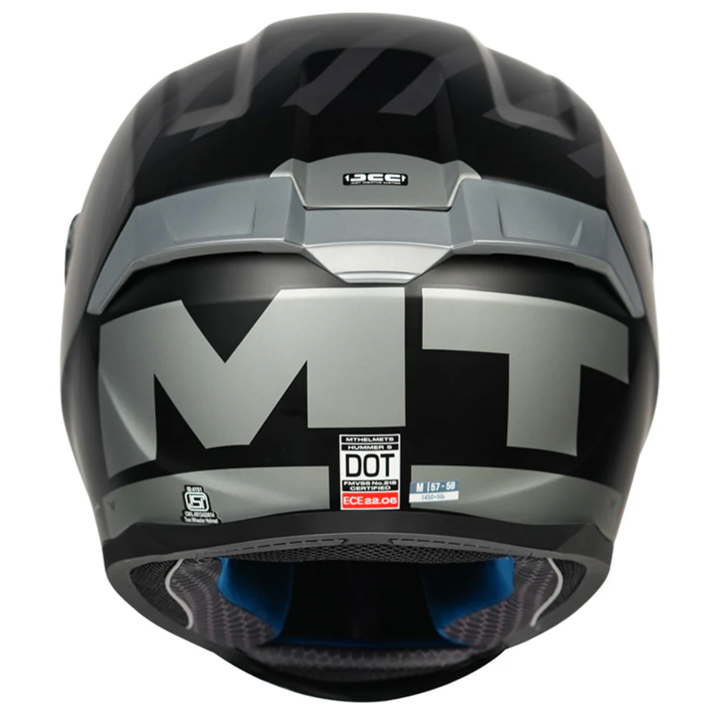 Motorcycle full face helmet black with grey text graphic