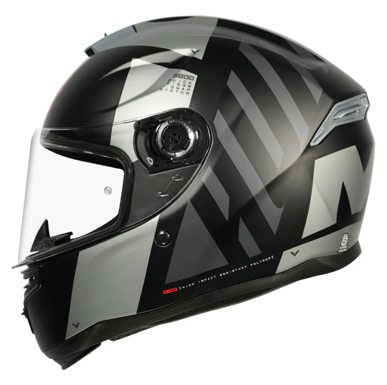 Motorcycle full face helmet black with grey text graphic