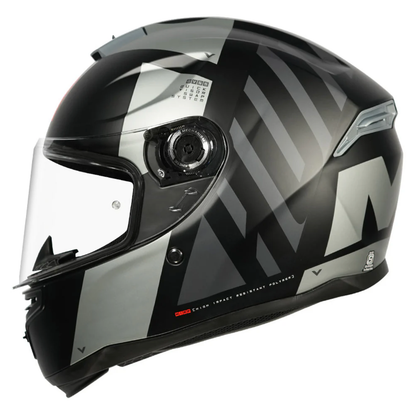 Motorcycle full face helmet black with grey text graphic
