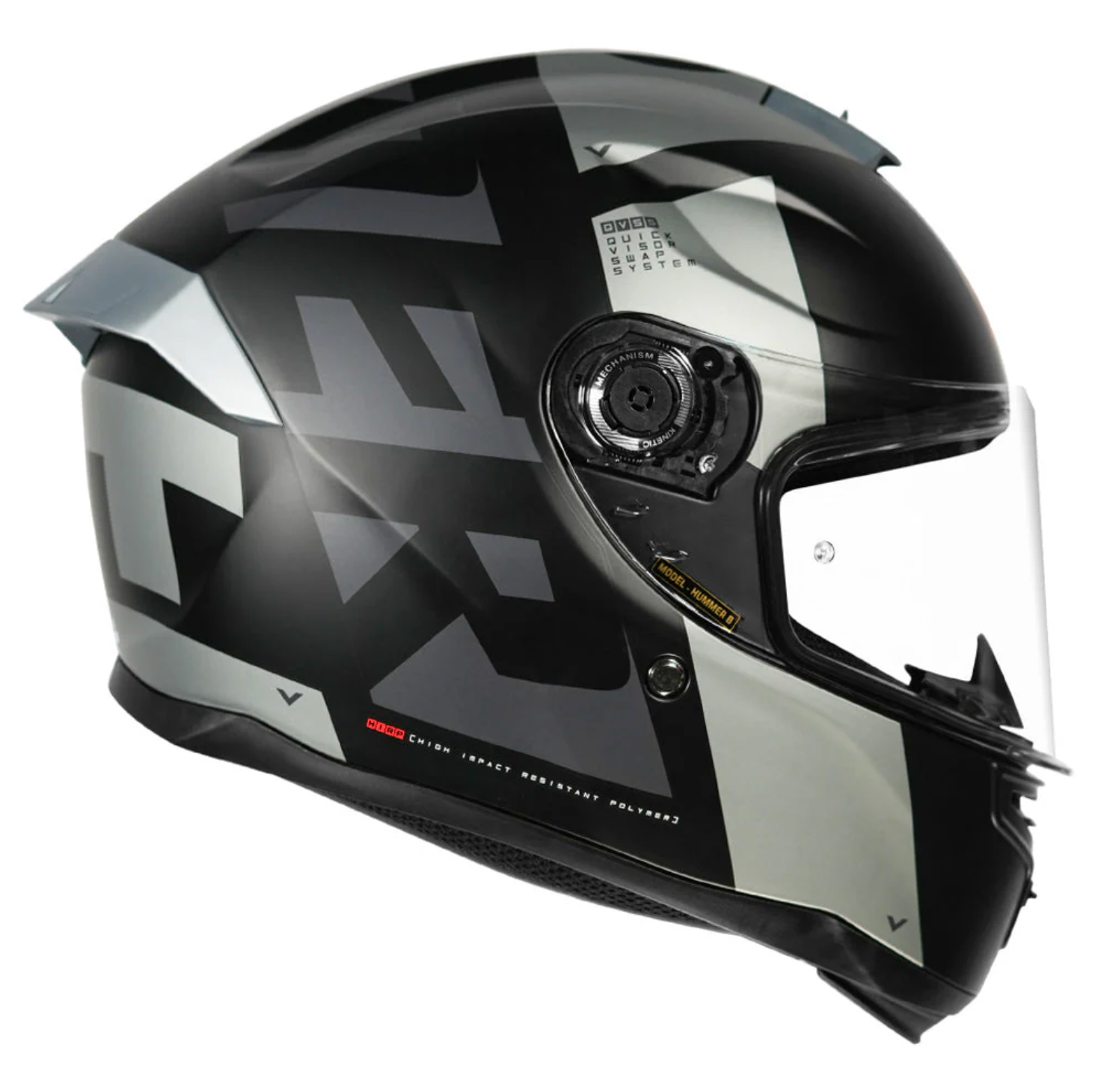 Motorcycle full face helmet black with grey text graphic