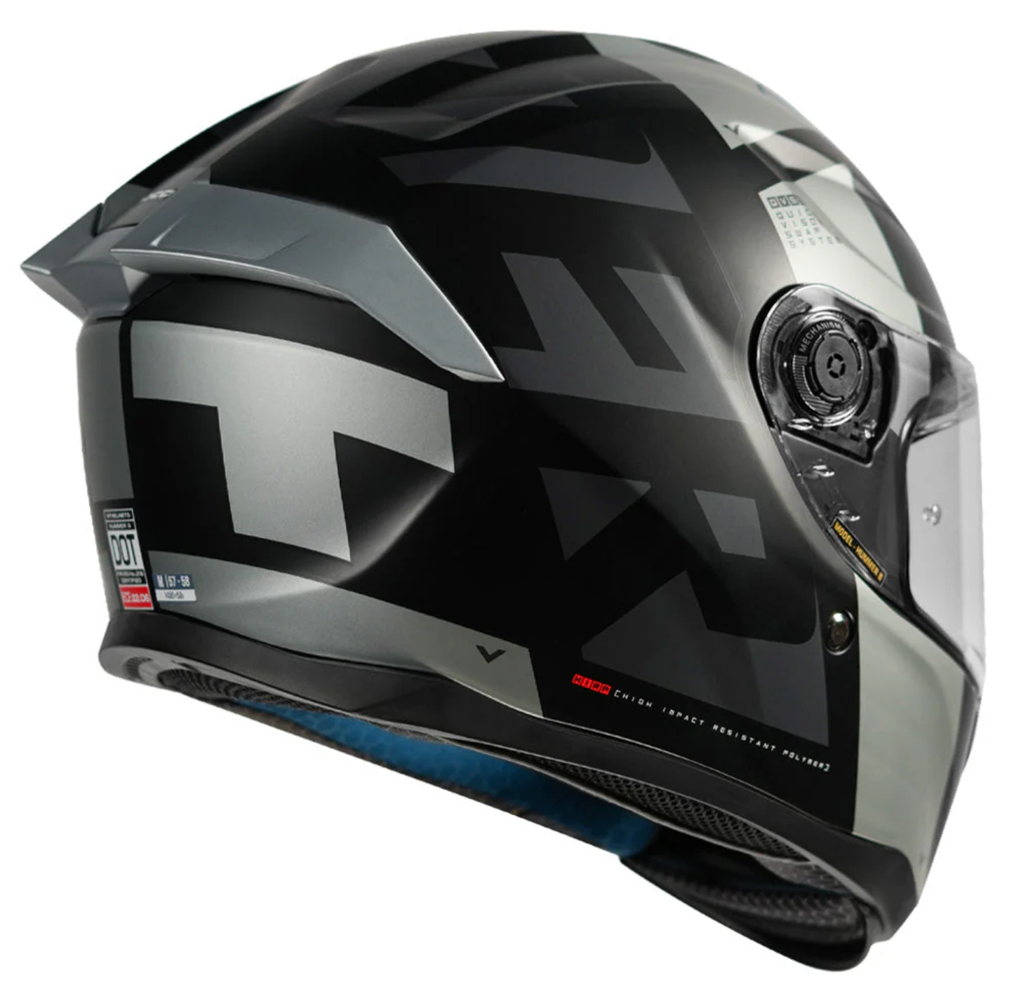 Motorcycle full face helmet black with grey text graphic