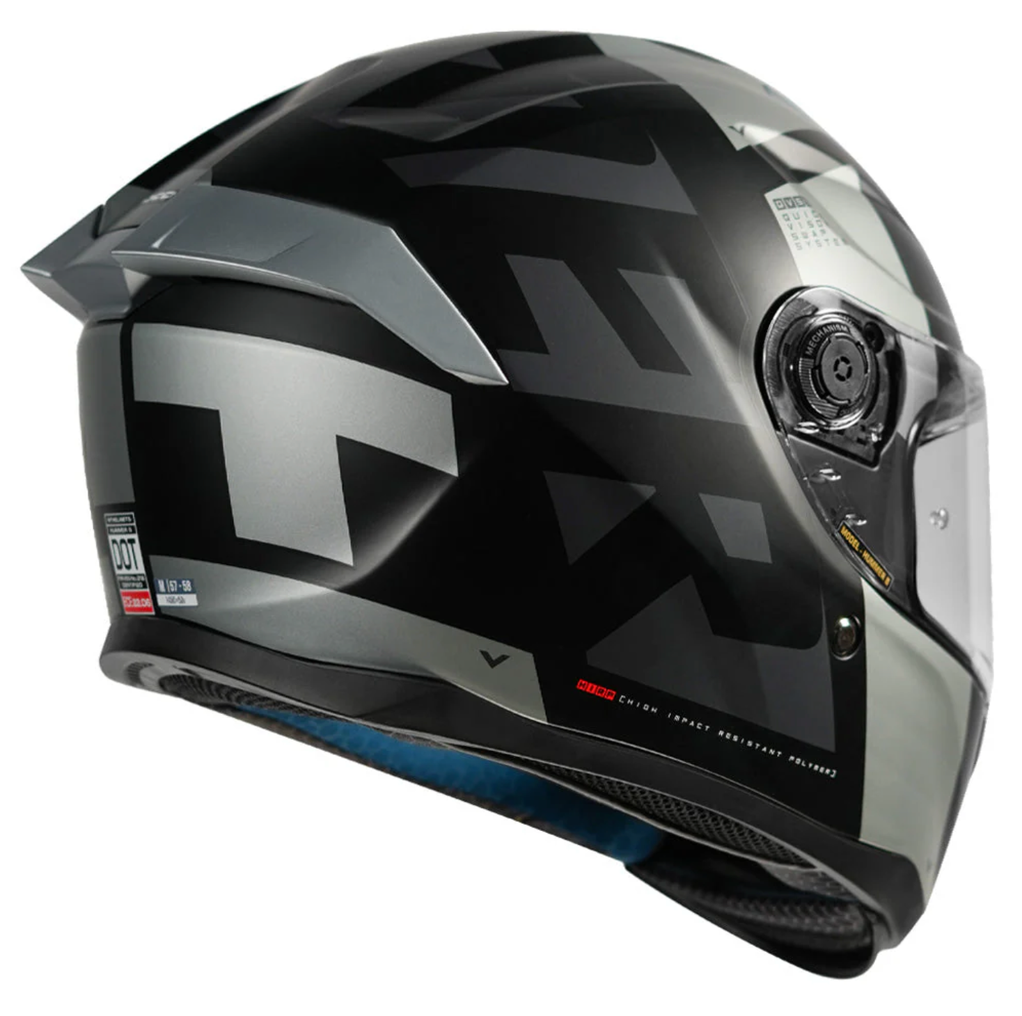 Motorcycle full face helmet black with grey text graphic