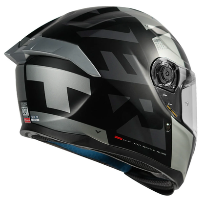 Motorcycle full face helmet black with grey text graphic