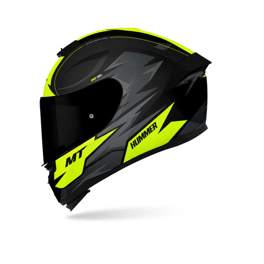 Motorcycle full face black fluo yellow glossy helmet - short spoiler , iso, ece