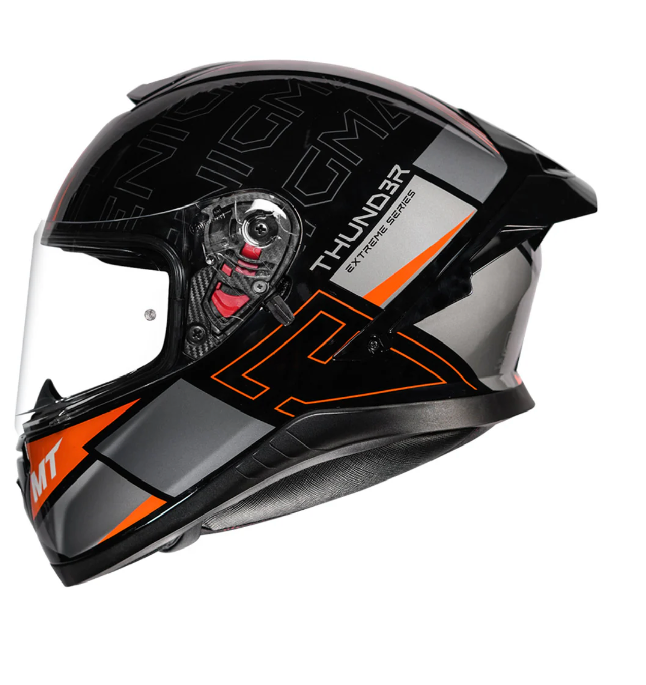 Motorcycle full face helmet black with orange along grey text 