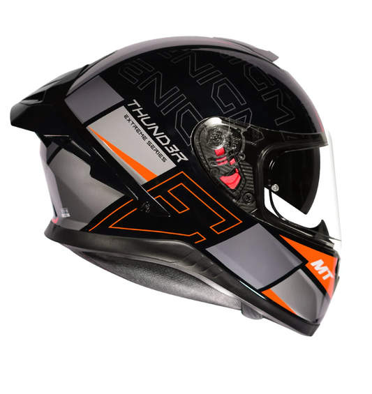 Motorcycle full face helmet black with orange along grey text