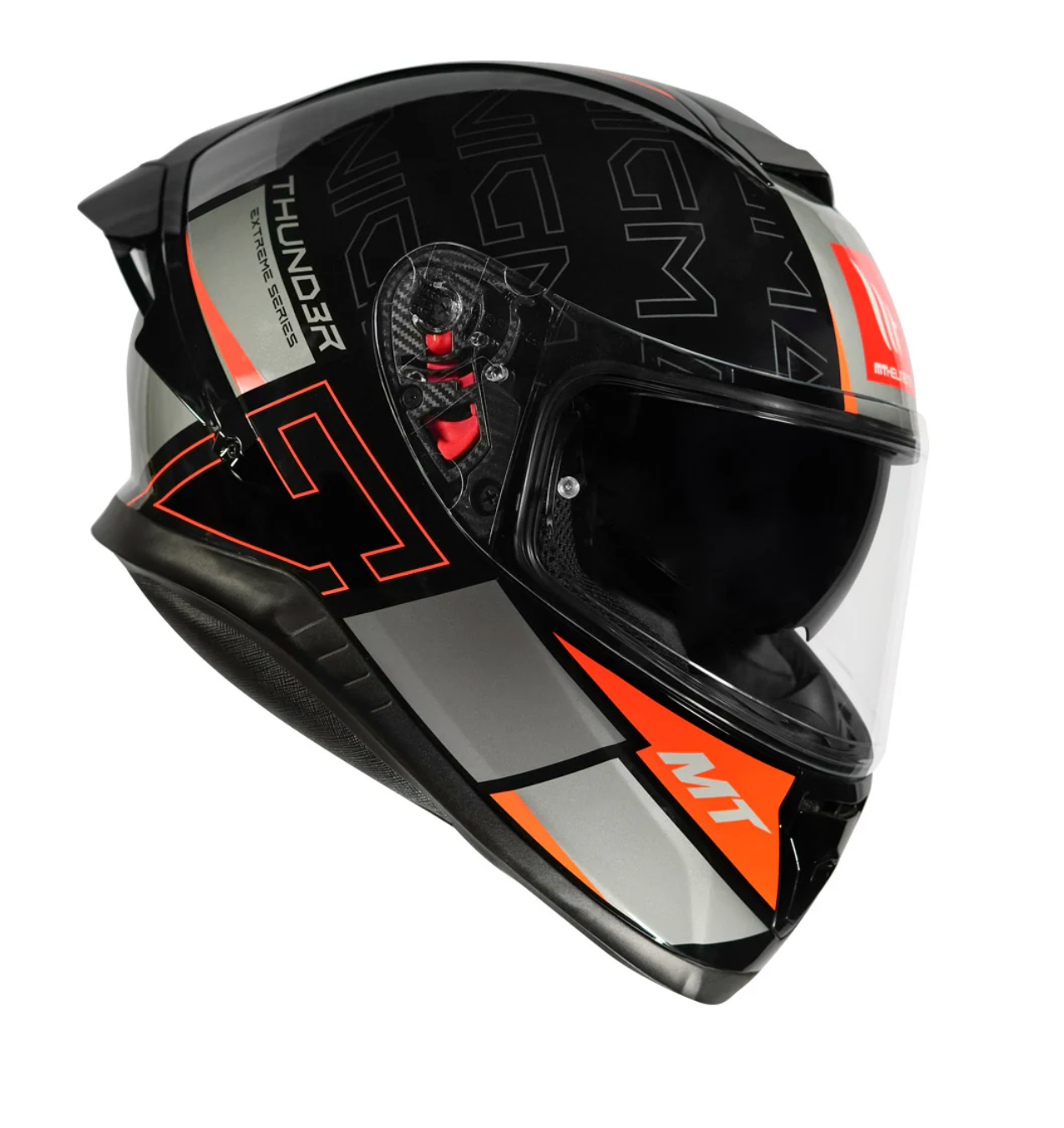 Motorcycle full face helmet black with orange along grey text 