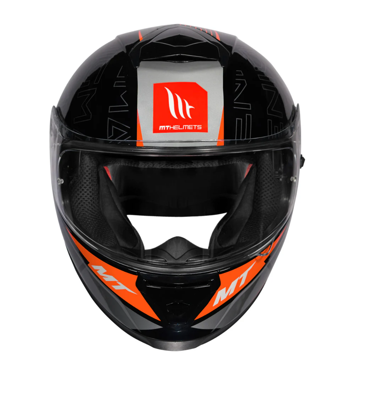 Motorcycle full face helmet black with orange along grey text 