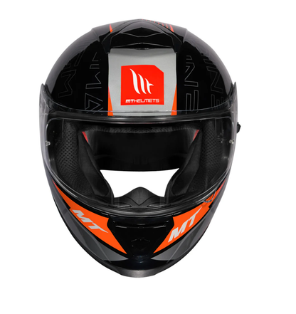 Motorcycle full face helmet black with orange along grey text 