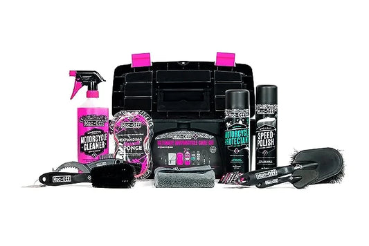 Motorcycle cleaning and maintenance kit with storage box and required equipments