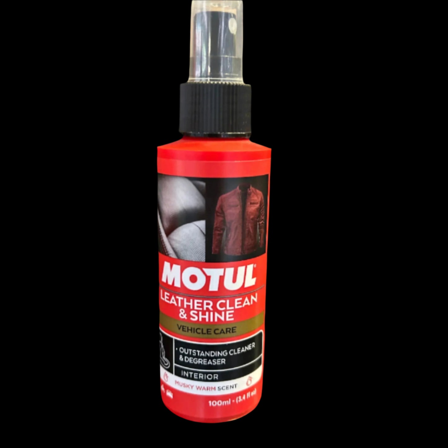 Leather cleaning and shine spray for riding gears and other leather products