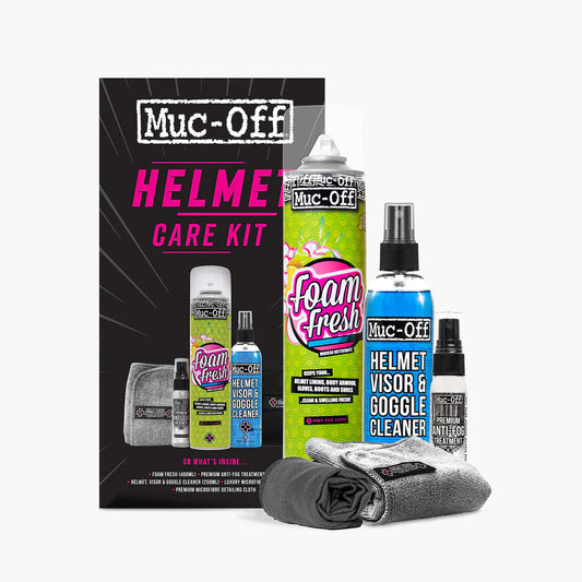 Motorcycle helmet care kit with visor and goggle cleaner, foam spray, anti fog spray, microfiber cloth and detailing cloth