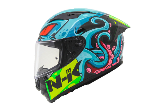 Motorcycle full face helmet octopus light blue graphic with red eye and pink tails