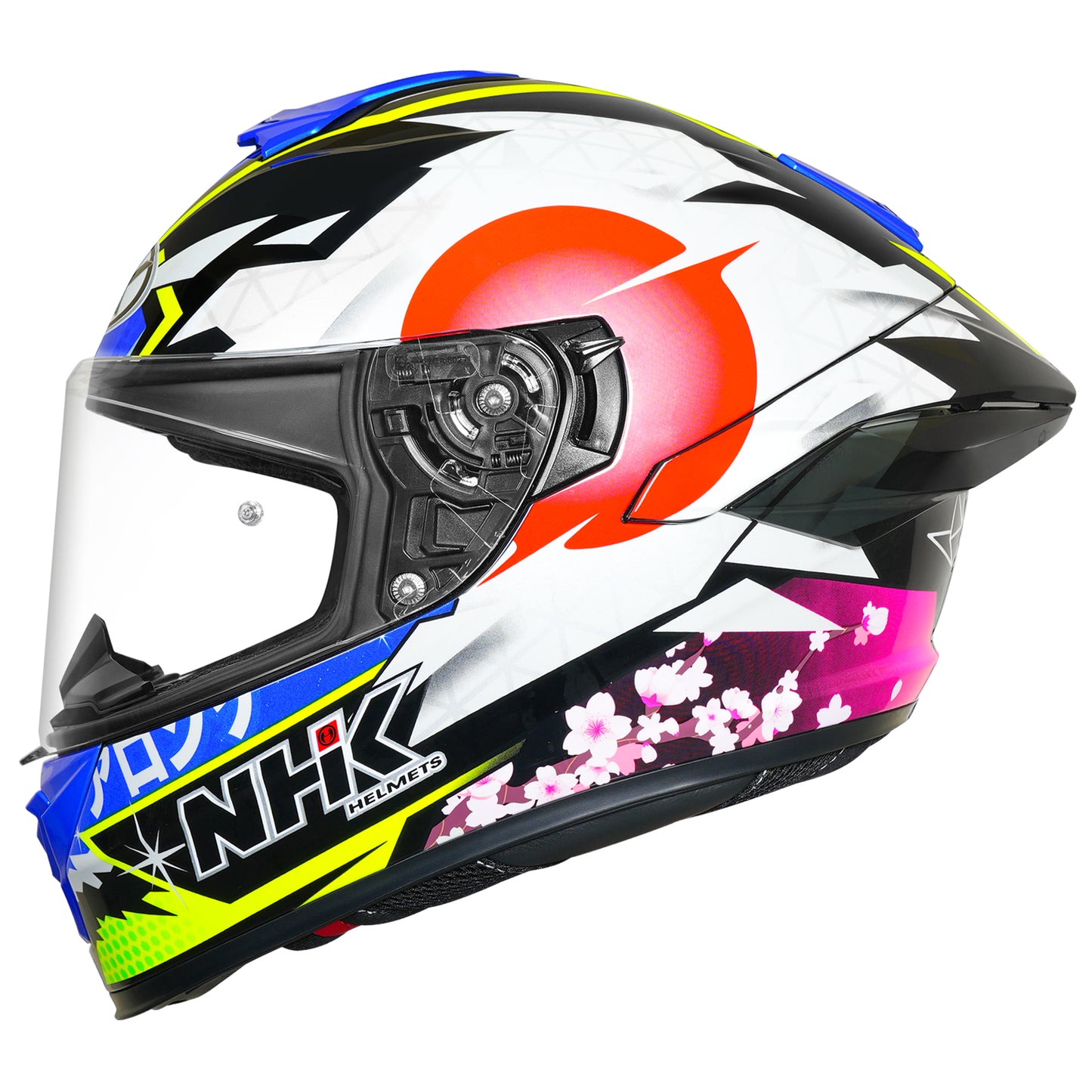 Motorcycle full face helmet Alonso lopez white red blue green decal graphic - race look, dual visor