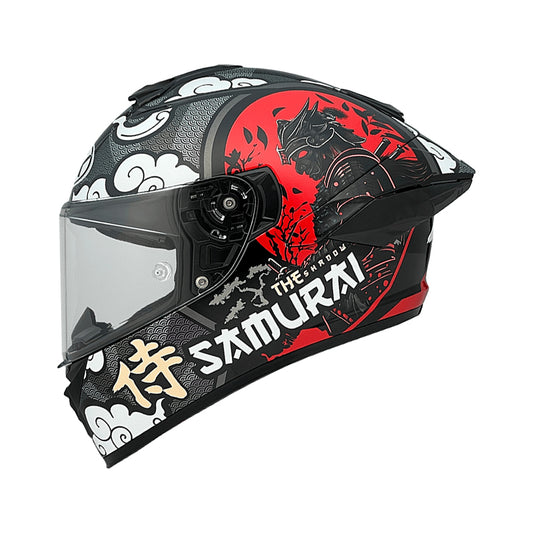 Motorcycle full face samurai image graphic with japanese texts graphic helmet black with red added white texts