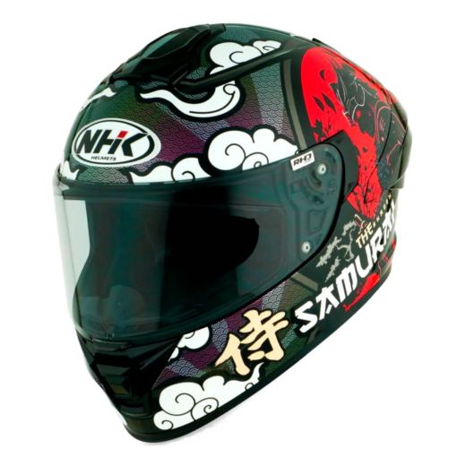 Motorcycle full face samurai image graphic with japanese texts graphic helmet black with red added white texts