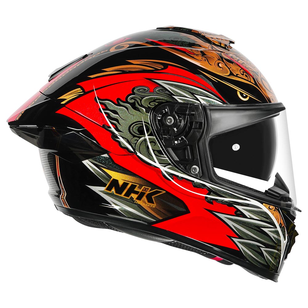 Motorcycle full face helmet black red glossy balinese garuda decal on top 