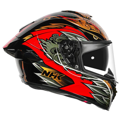 Motorcycle full face helmet black red glossy balinese garuda decal on top 