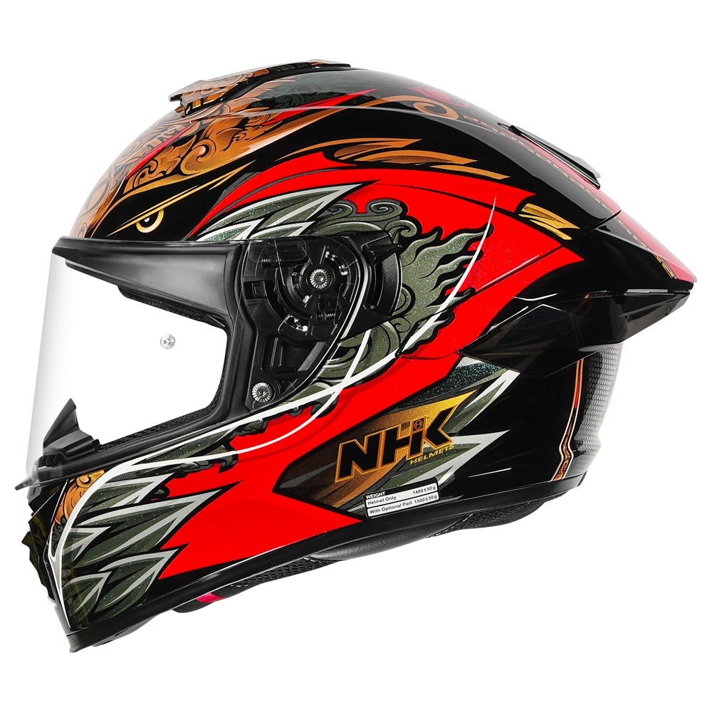 Motorcycle sport touring helmet black red glossy balinese garuda decal on top 