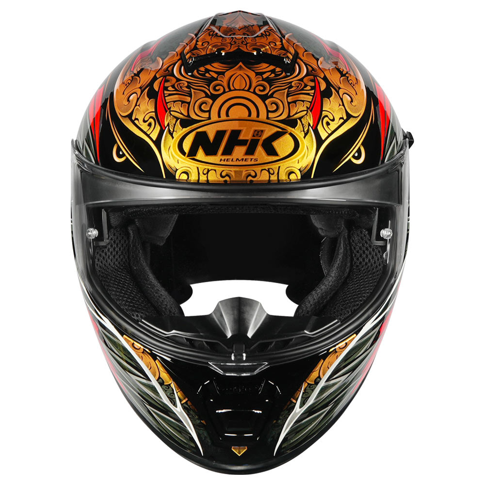 Motorcycle sport touring helmet black red glossy balinese garuda decal on top 