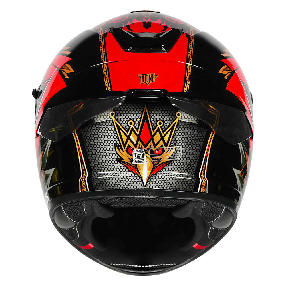 Motorcycle sport touring helmet black red glossy balinese garuda decal on top 