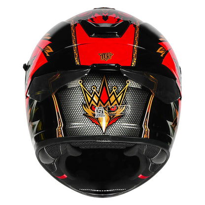 Motorcycle sport touring helmet black red glossy balinese garuda decal on top 