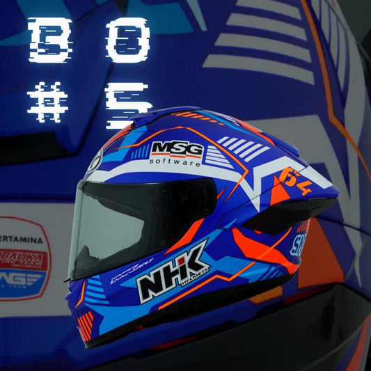 Motorcycle full face helmet blue with orange and white geometric graphic