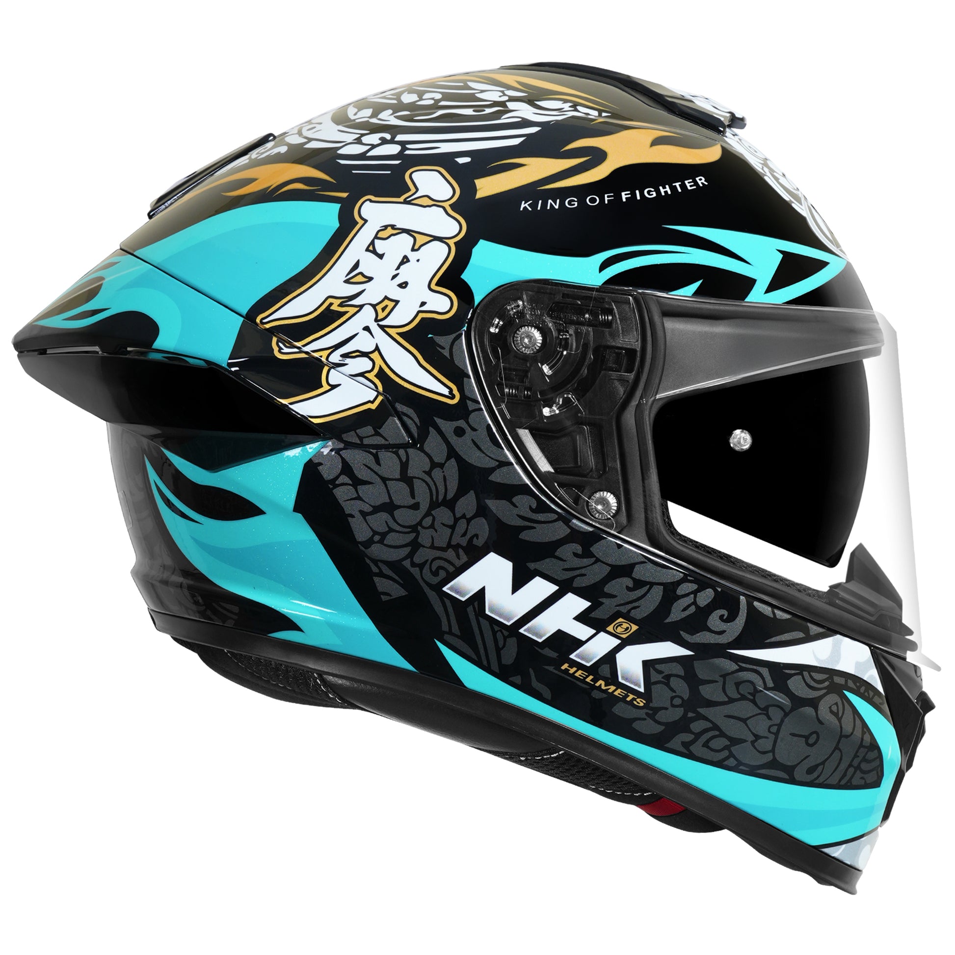 Motorcycle full face helmet black light blue flame with grey traditional scale golf and white traditional emblem gloss