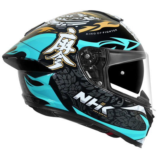 Motorcycle full face helmet black light blue flame with grey traditional scale golf and white traditional emblem gloss