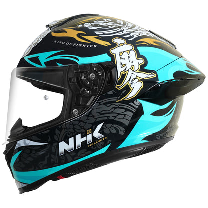 Motorcycle full face helmet black light blue flame with grey traditional scale golf and white traditional emblem gloss