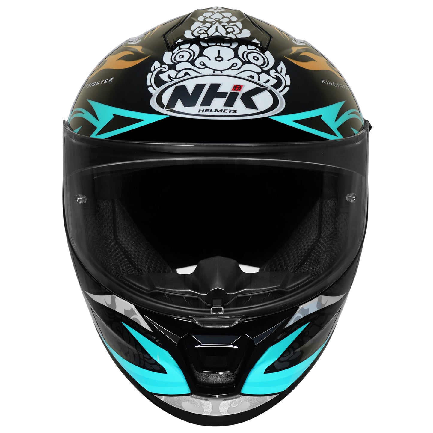 Motorcycle full face helmet black light blue flame with grey traditional scale golf and white traditional emblem gloss