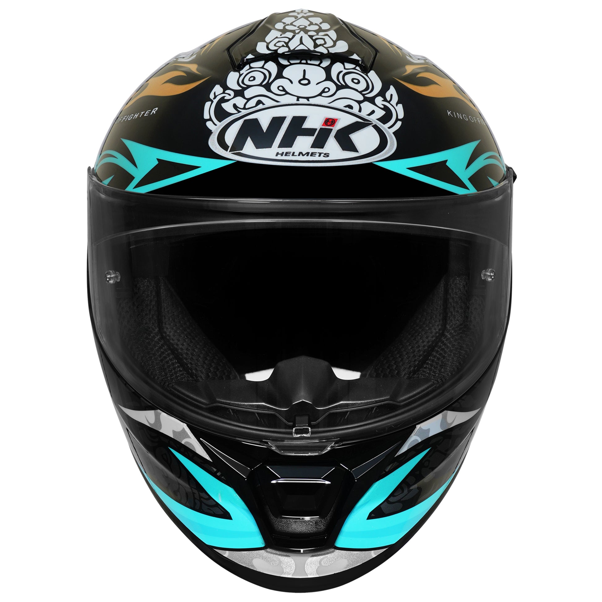 Motorcycle full face helmet black light blue flame with grey traditional scale golf and white traditional emblem gloss