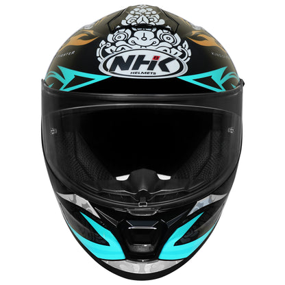Motorcycle full face helmet black light blue flame with grey traditional scale golf and white traditional emblem gloss