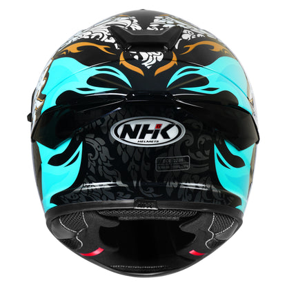 Motorcycle full face helmet black light blue flame with grey traditional scale golf and white traditional emblem gloss