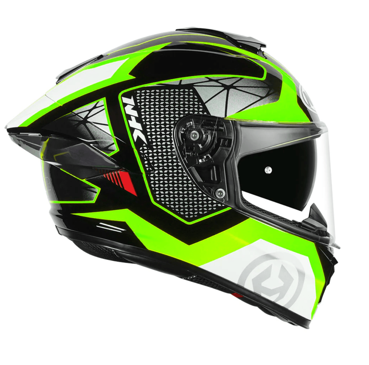 Motorcycle Full face helmet green grey with white geometric graphic 