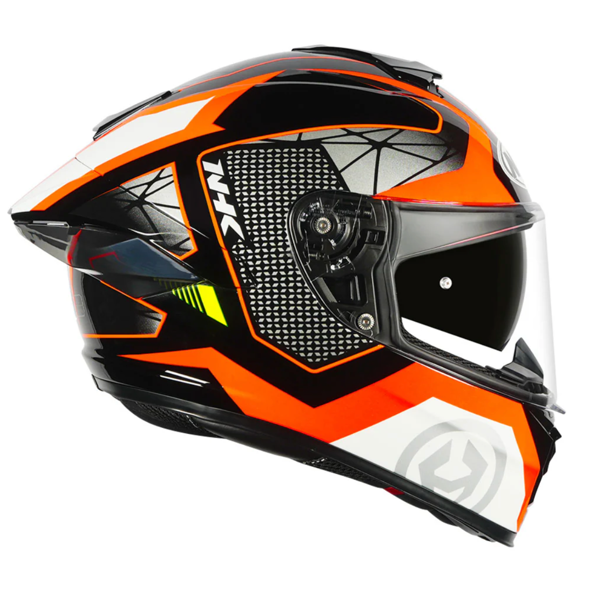 Motorcycle Full face helmet orange grey with white geometric graphic 