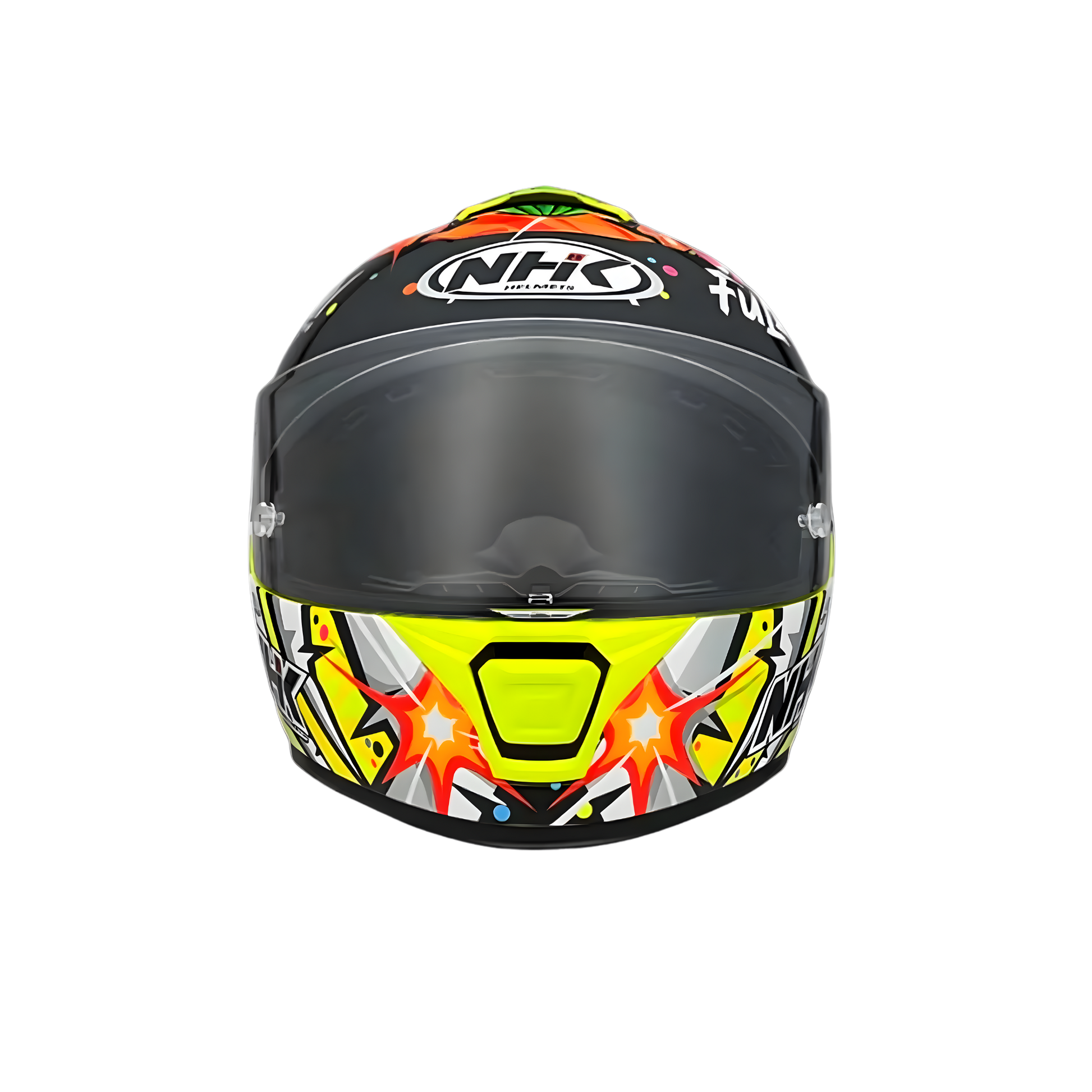 Motorcycle full face helmet yellow with multi-fun decal, boom, candy,etc...