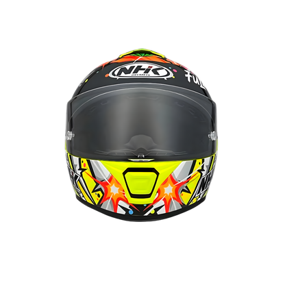 Motorcycle full face helmet yellow with multi-fun decal, boom, candy,etc...
