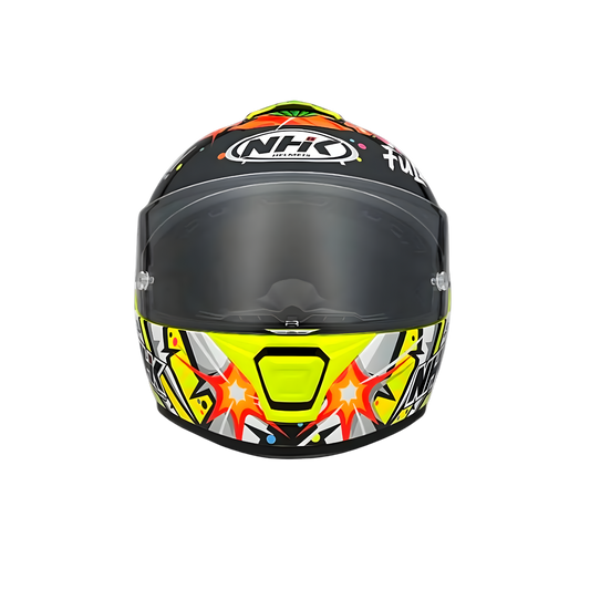 Motorcycle full face helmet yellow with multi-fun decal, boom, candy,etc...