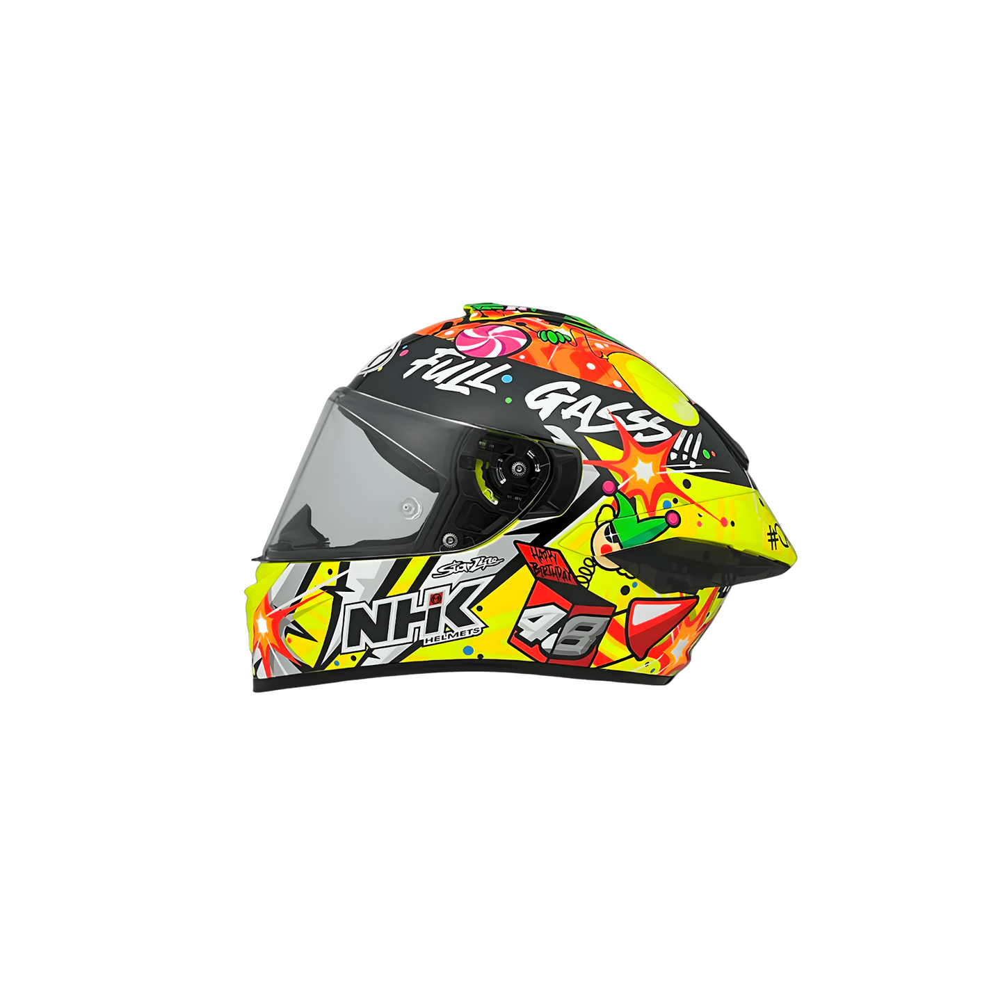 Motorcycle full face helmet yellow with multi-fun decal, boom, candy,etc...
