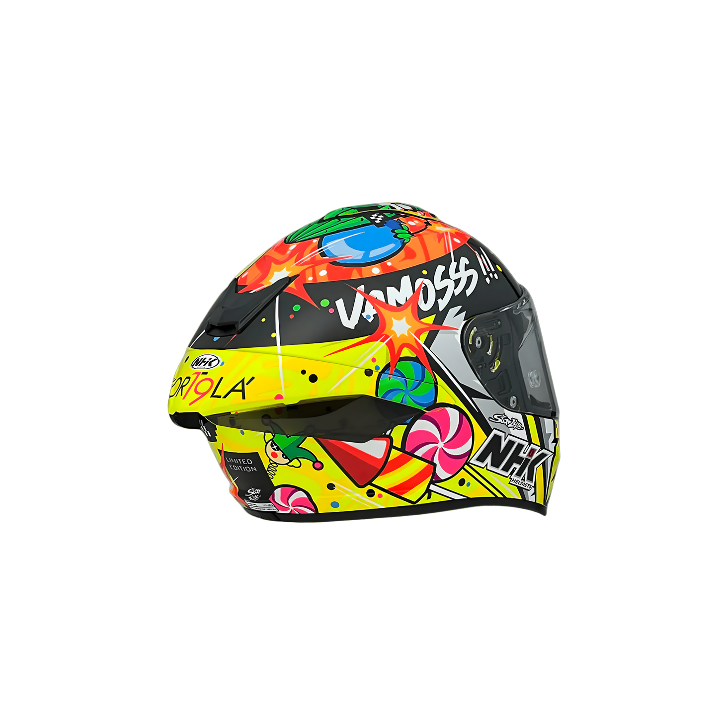 Motorcycle full face helmet yellow with multi-fun decal, boom, candy,etc...