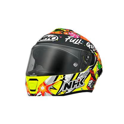Motorcycle full face helmet yellow with multi-fun decal, boom, candy,etc...
