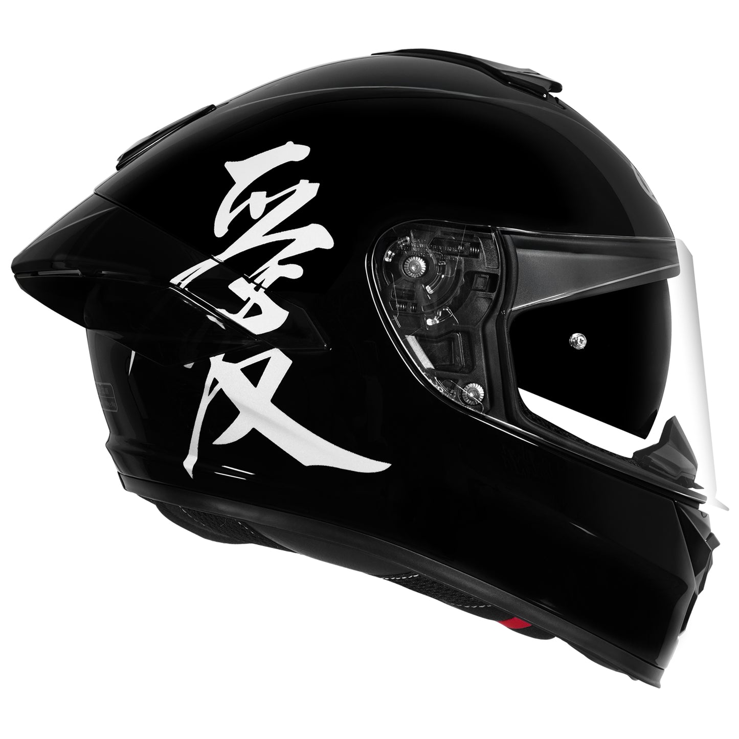 motorcycle full face helmet glossy black with white japanese words written on right side - dual visor / racing