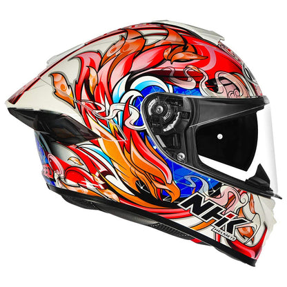 Motorcycle full face helmet glossy white with "explore the archipelago" STR decal
