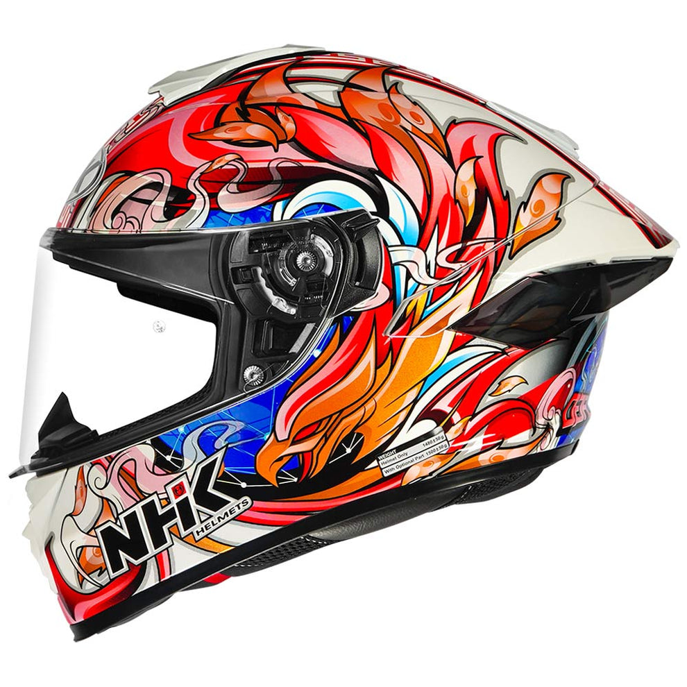 Motorcycle full face helmet glossy white with "explore the archipelago" STR decal