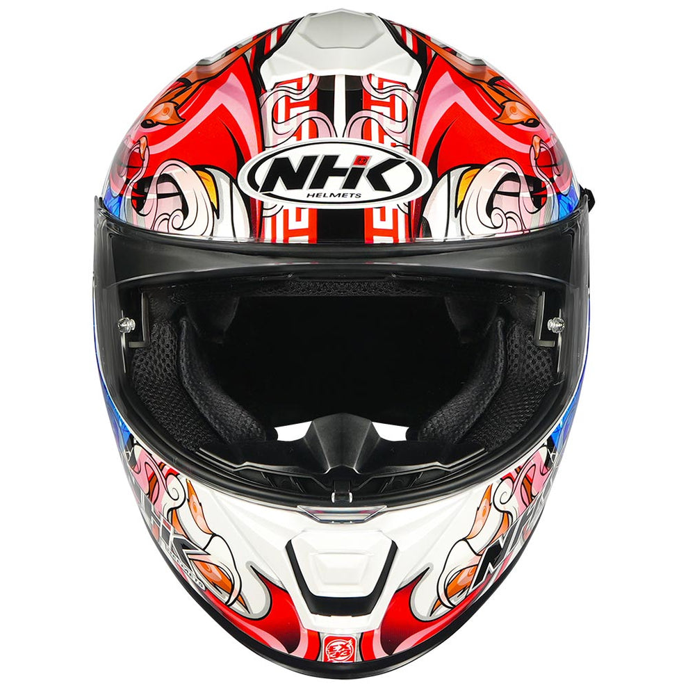 Motorcycle full face helmet glossy white with "explore the archipelago" STR decal