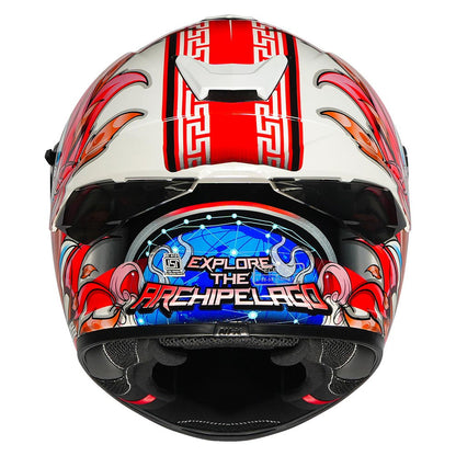 Motorcycle full face helmet glossy white with "explore the archipelago" STR decal