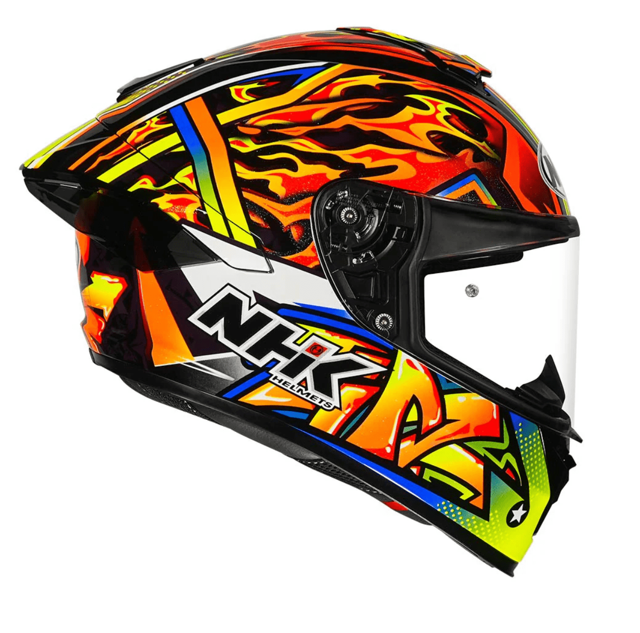 motorcycle full face helmet red fire graphic with blue and green shades 