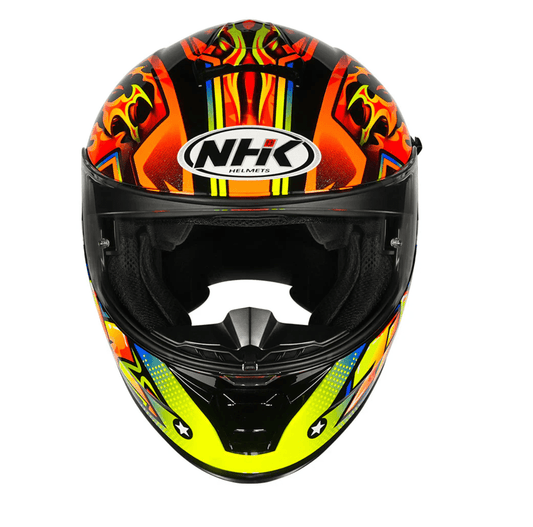 motorcycle full face helmet red fire graphic with blue and green shades 
